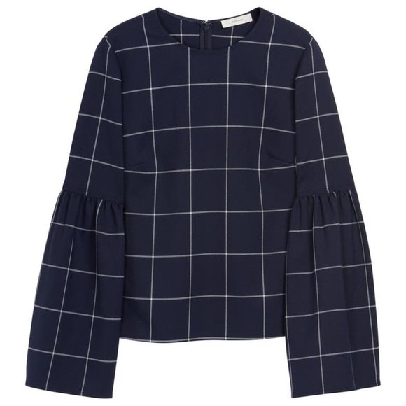 Suitsupply Tops - NEW SUISTUDIO Dixon Blouse Long Sleeve Bell Trim Windowpane Checkered Navy White